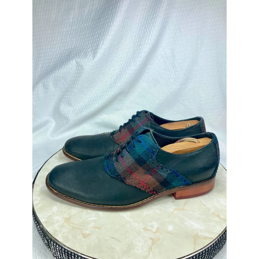 Cole Haan Plaid Wool Leather Oxford Dress Shoes Mens 8.5 Navy Academia Preppy